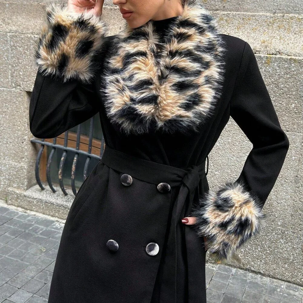 Black Elegant Women's Leopard Print Fur Overcoat